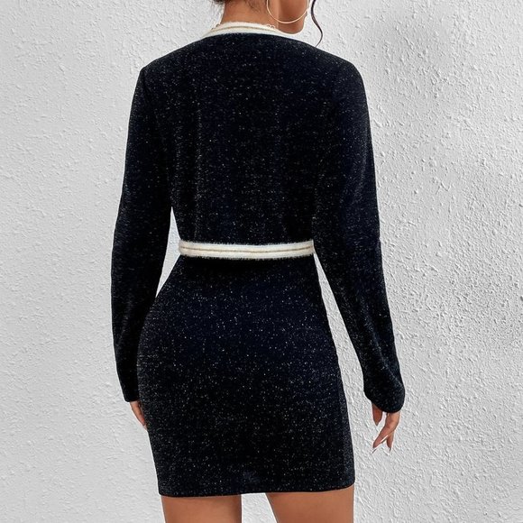 Black Preppy Womens Glitter Contrast Trim Jacket & Cami Bodycon Dress - Picture 3 of 5
